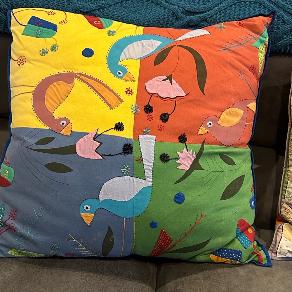 Patchwork Bird Embroidered Cushion